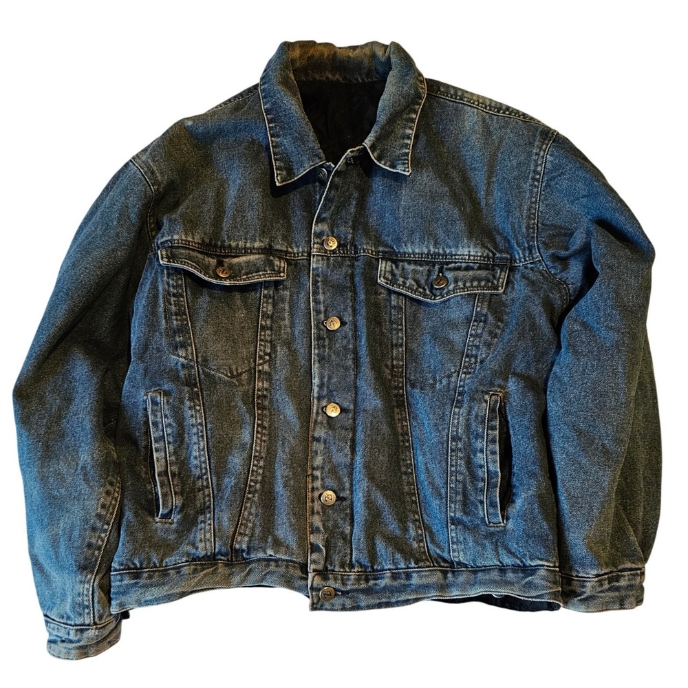 Vtg Arizona Jean Mens Denim Trucker Jacket Blue Quilted Lined Logo Med Wash Larg